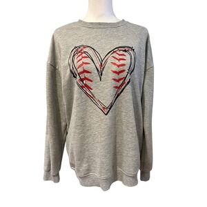 Womens Graphic Sweatshirt Gray Baseball Heart Print Long Sleeve Pullover Top L